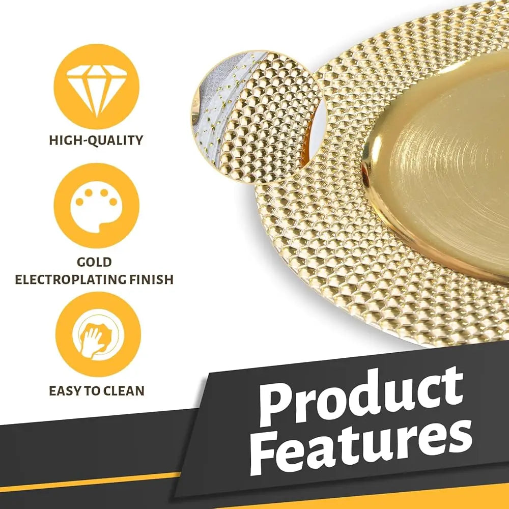 13″ Gold Charger Plates – Set of 6 Electroplated Round Chargers with Hammered Edge