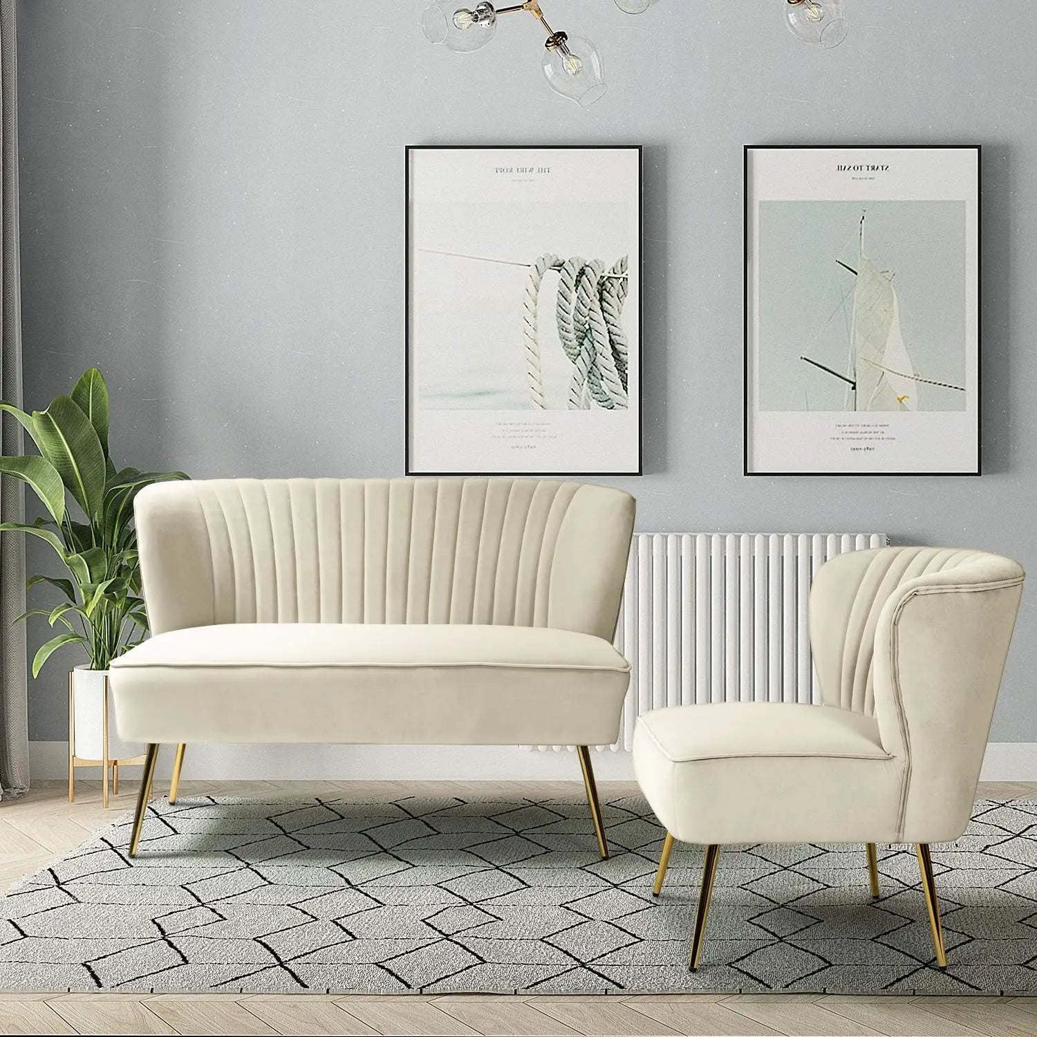 Contemporary Velvet Loveseat Sofa, Tufted 2-Seat Couch with Metal Legs, TAN