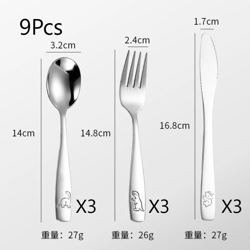 304 Stainless Steel Children's Tableware Set with Pieces Featuring Dinosaur Patterns, Affordable Including Knives Forks Spoons
