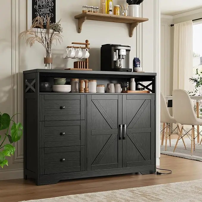 47" Farmhouse Storage Cabinet with Barn Doors and Drawers, Sideboard Buffet Cabinet with Storage