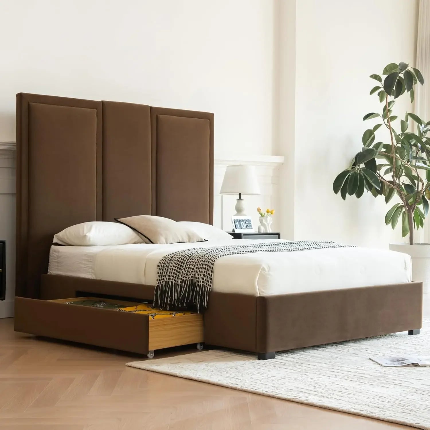 Queen Size Bed Frame Linen Upholstered Platform Bed with 64-inch High Headboard And Underbed Storage Drawers Simple Airey Design