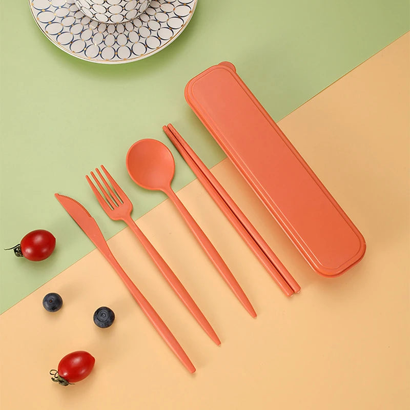 4Pcs Travel Cutlery Sets Portable Tableware Set With Box Chopsticks Fork Spoon Knife Wheat Straw Dinnerware Picnic Cutlery