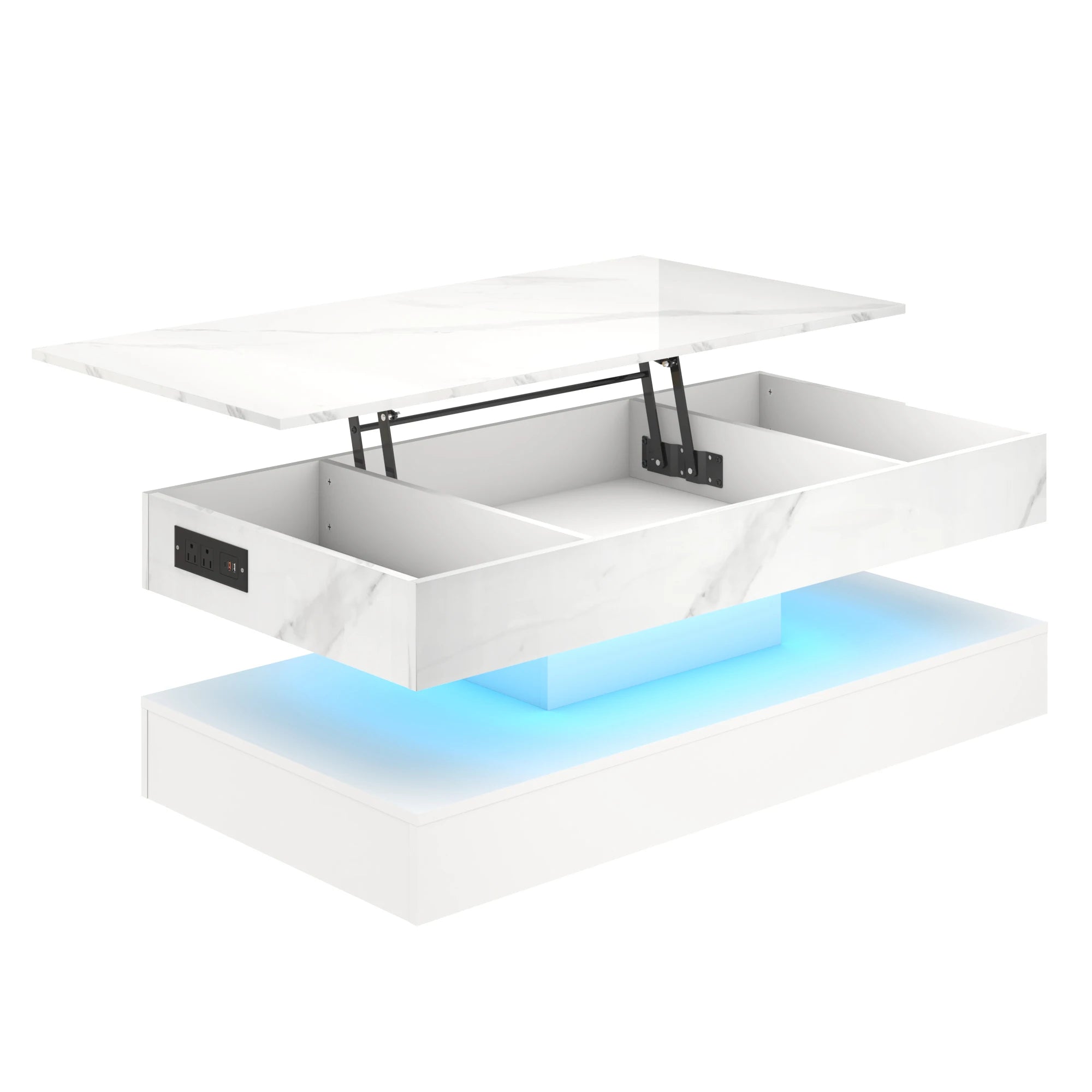 High-Gloss LED Coffee Table – White Center Table with Open Display Shelf & Large Storage