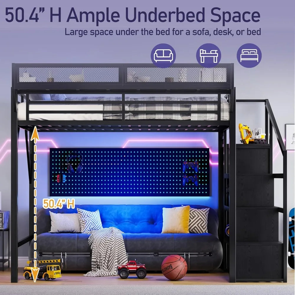 Metal Queen Loft Bed Frame – Storage Stairs, Wardrobe, Side Shelf, USB & LED Lighting