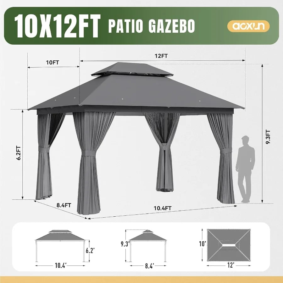 Outdoor Gazebo for Patio 10x12 Metal Frame Canopy with Double Roofs Heavy Duty Party Tent and Shelter with Mosquito Netting and