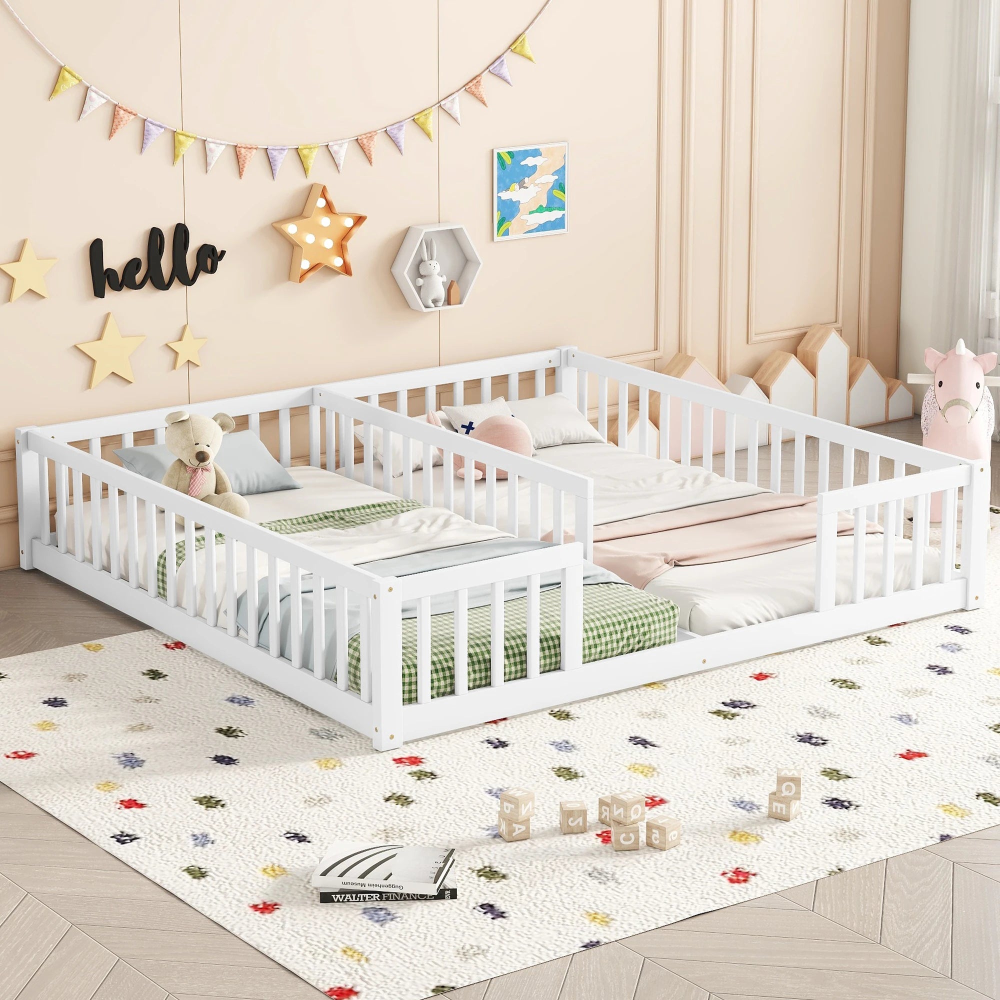 Double Twin Floor Bed with Fence & Guardrails – Doorless Design
