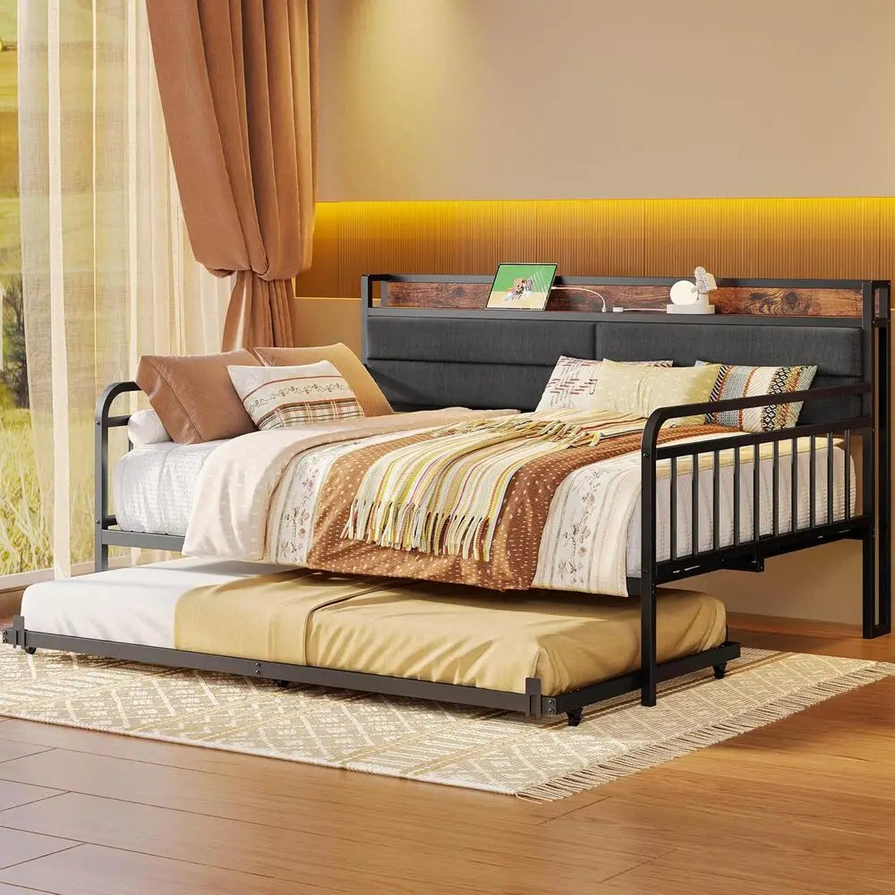 Metal Daybed with Trundle – Upholstered Headboard & Charging Station (Full / Twin XL)