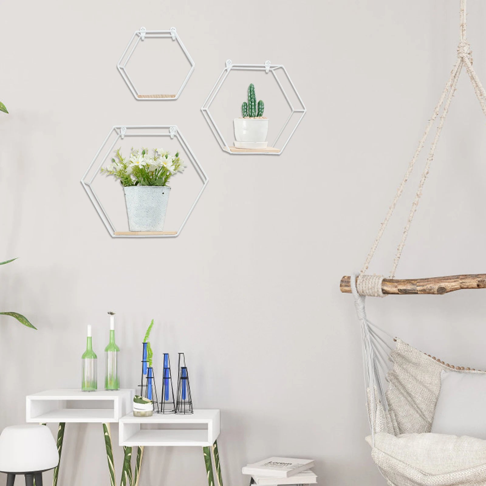 3Pcs Wall Mounted Hexagon Shelf Metal Anti Rust Storage Shelves Sundries Storage Holder Wall Decor for Bedroom Living Room