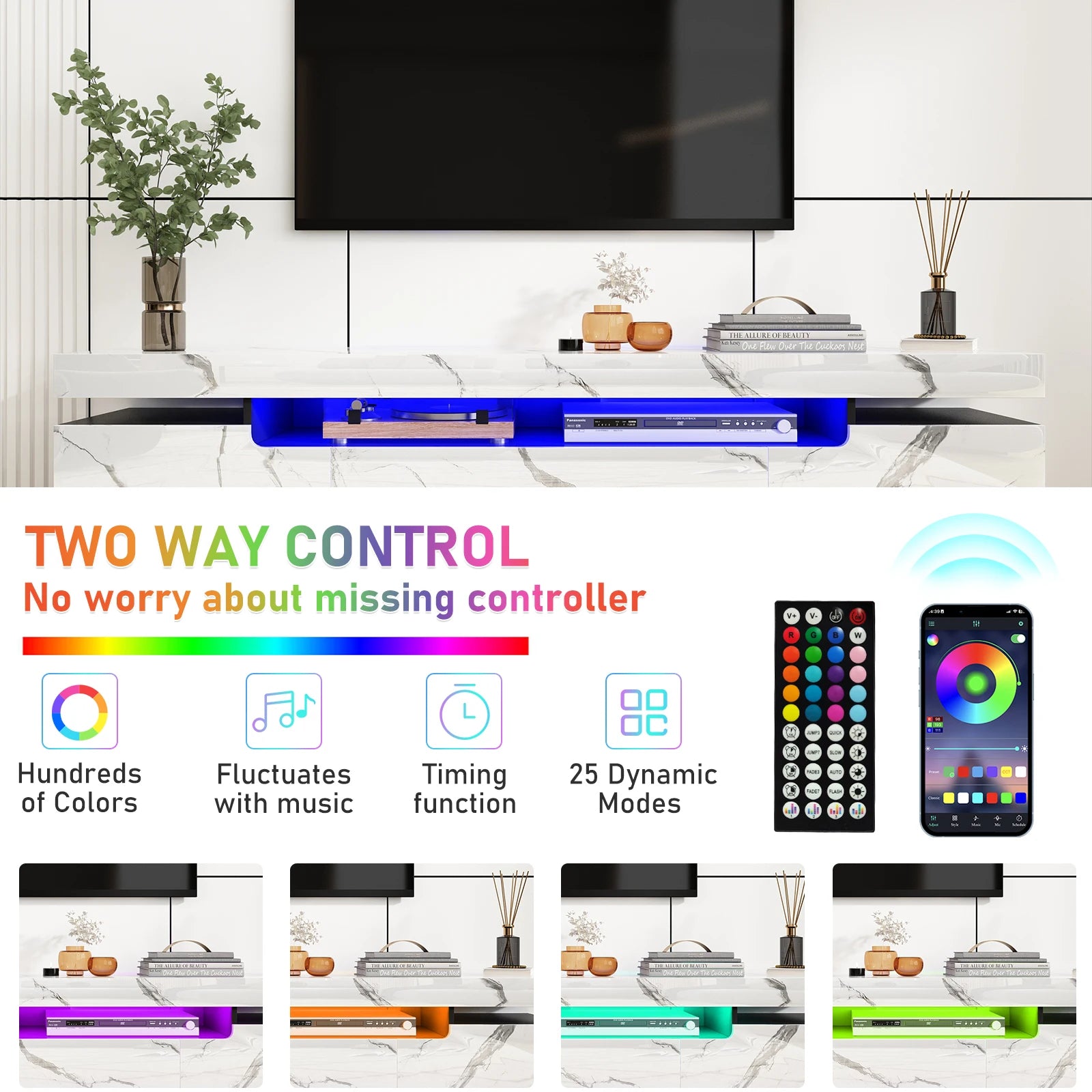 71In LED TV Stand for 75/80 Inch TV, Modern Gaming TV Cabinet for Living Room, High Gloss Entertainment Center with Storage