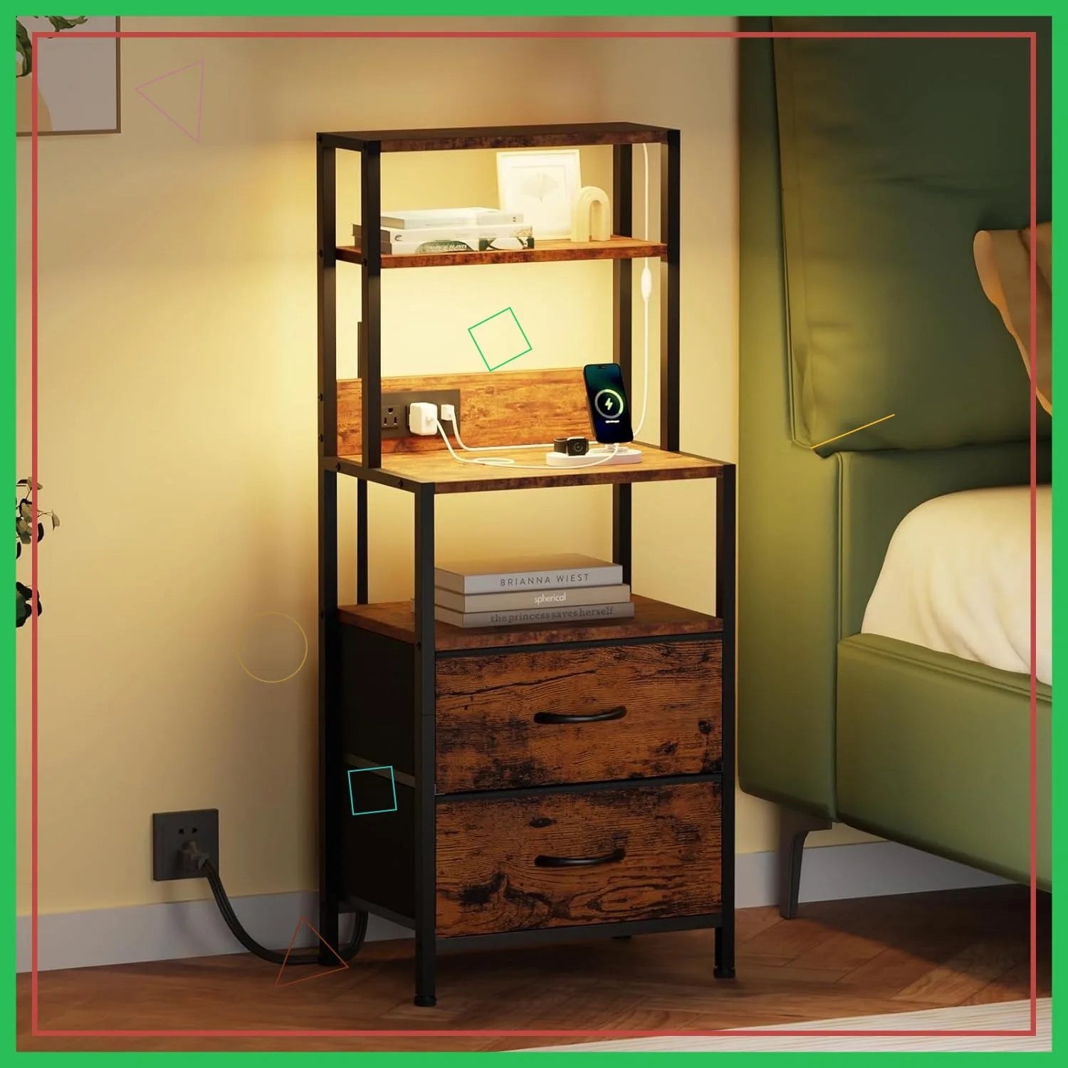 Tall Nightstand with 4 Shelves, 2 Fabric Drawers, LED Light & Charging Station for Bedroom or Office in Rustic Brown