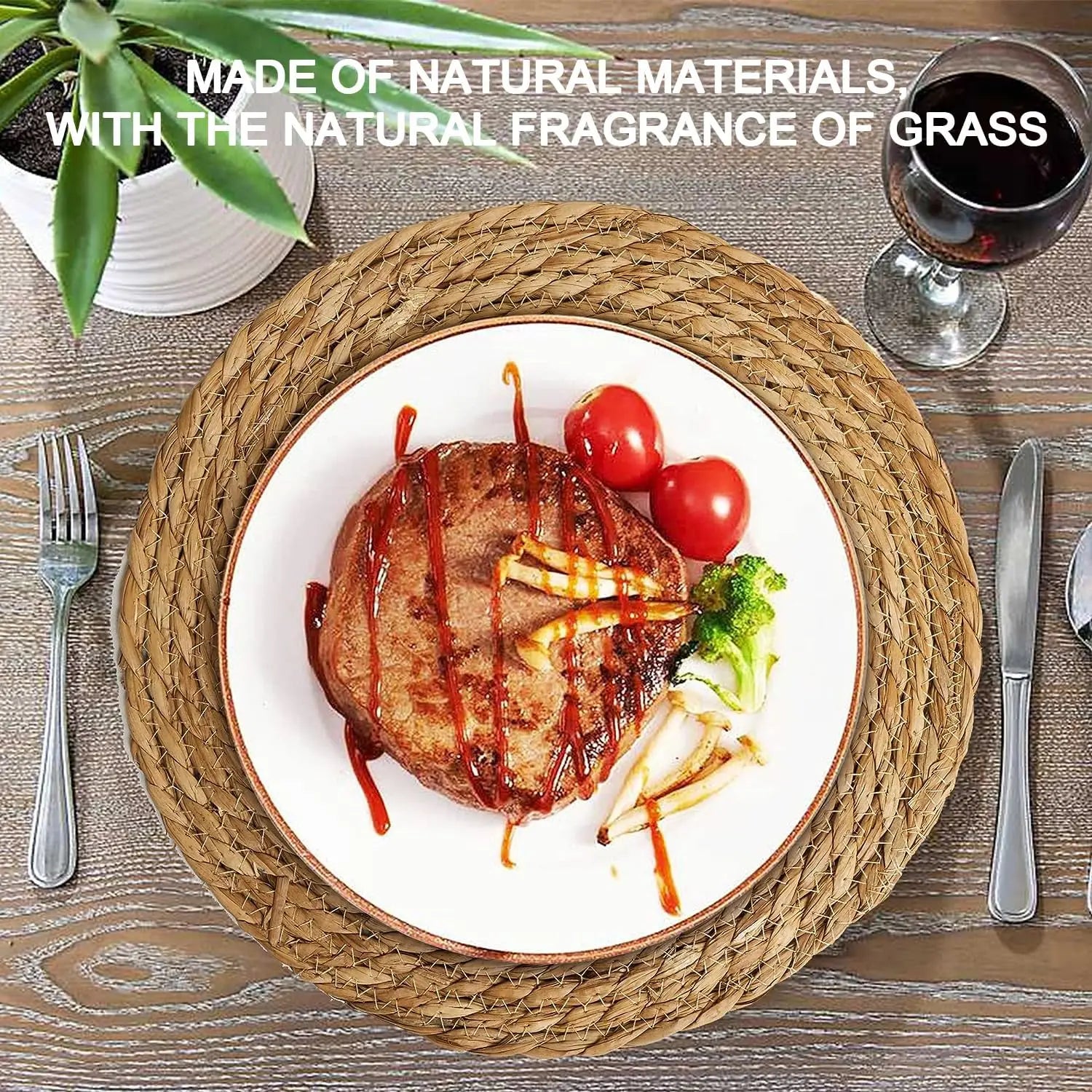 Set of 10 - 11.8" Round Natural Woven Placemats, Handmade Rattan/Water Hyacinth Place Mats, Farmhouse Style for Dining Table