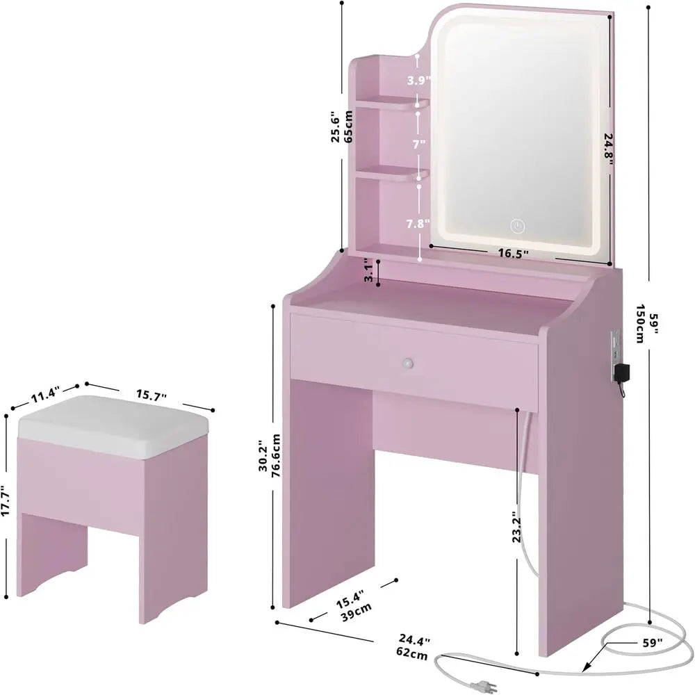 LIKIMIO Small Makeup Vanity Desk with Mirror and Lights, Vanity Table Set with Storage Drawer, Chair and Three Shelves, Bedroom