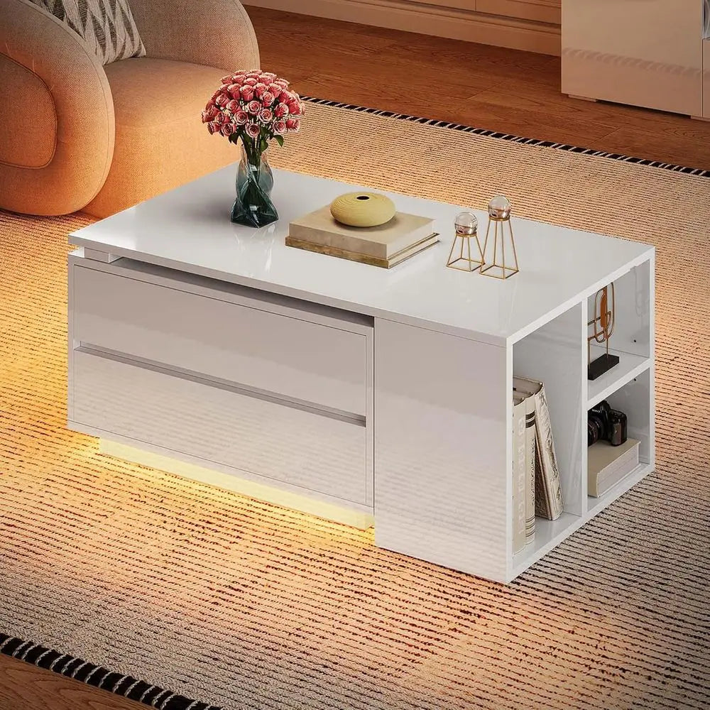 Modern Rectangular LED Coffee Table – White Extendable Center Table with 4 Storage Drawers