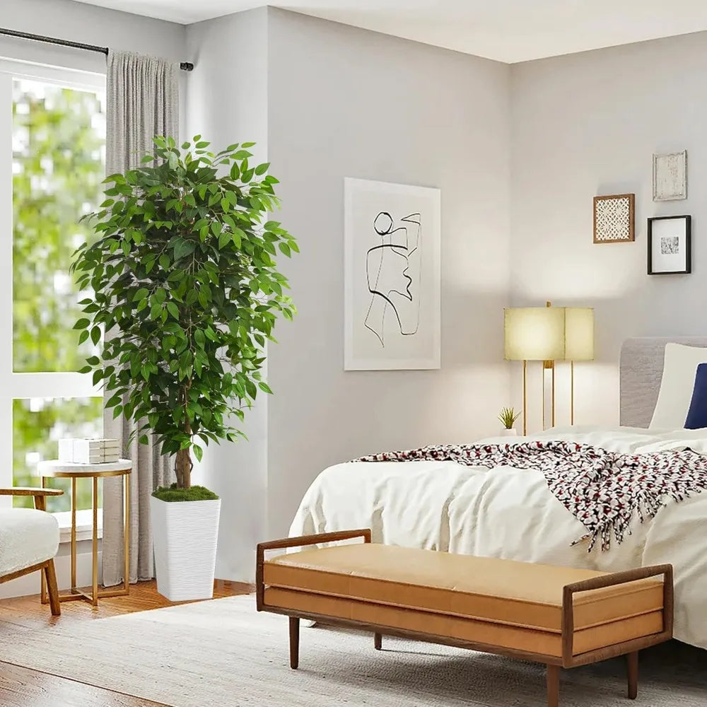 6-Foot Artificial Ficus Tree with UV-Resistant Silk Leaves, Real Wood Trunk, Suitable for Indoor and Outdoor Use