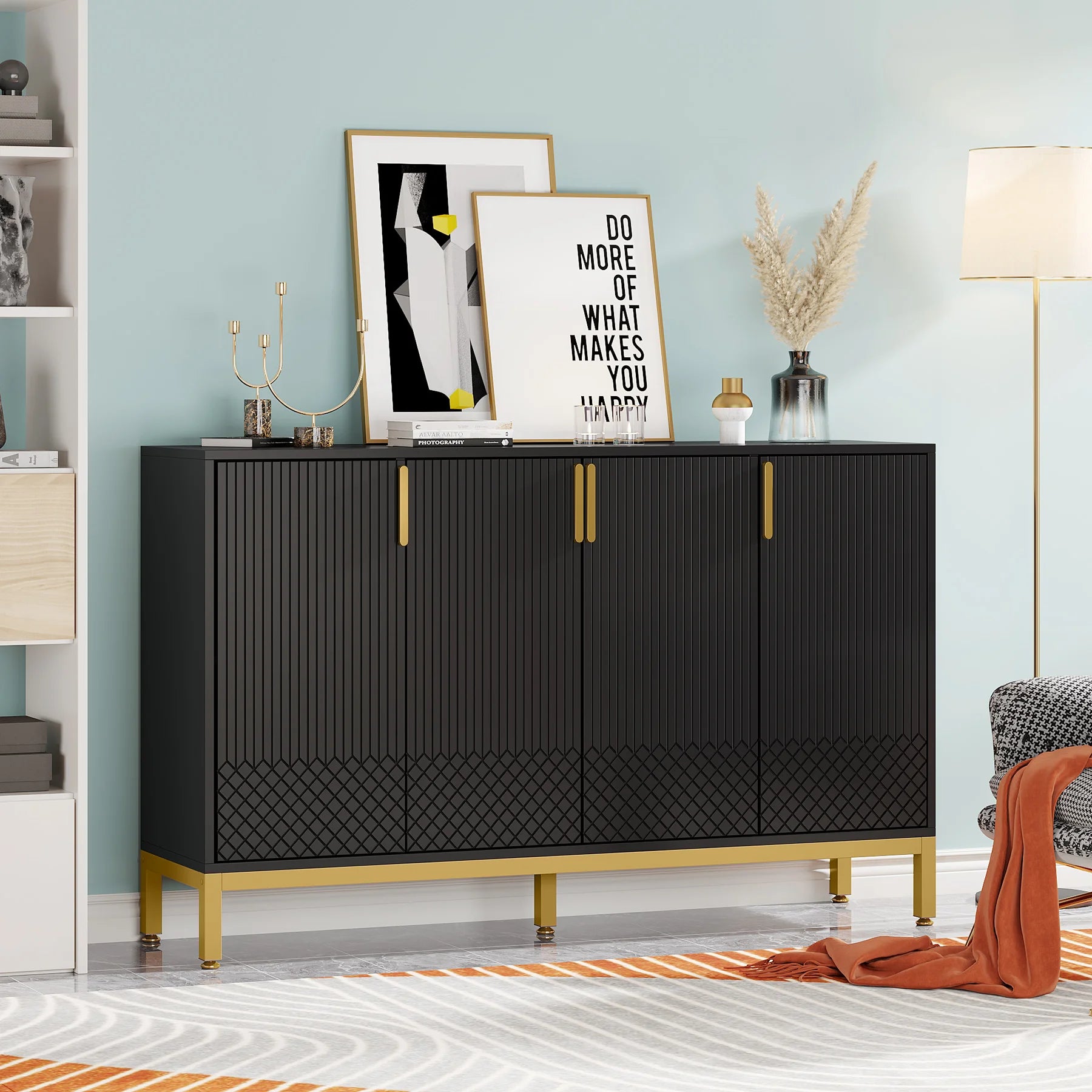 Tribesigns Modern Storage Cabinet, 59 Inch Console Cabinet Sideboard Buffet Cabinet with 4 Doors & Gold Metal Base