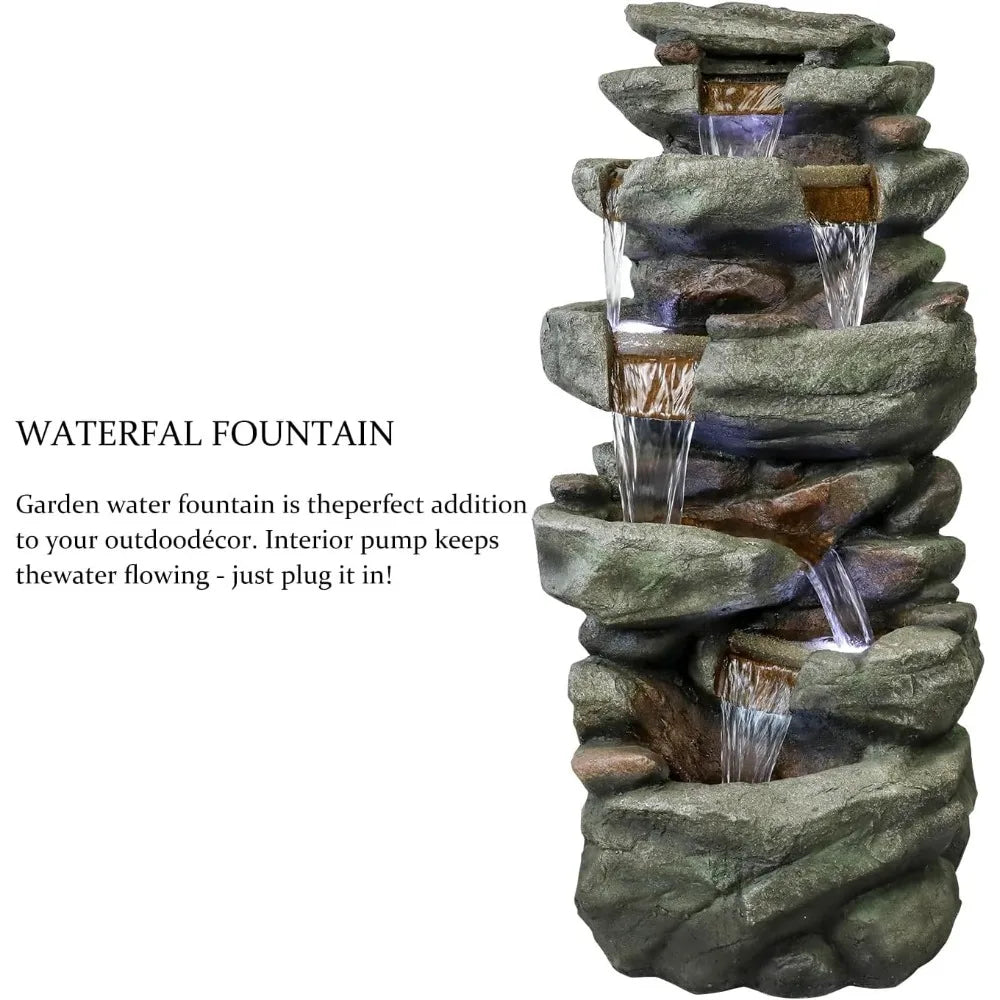 40.5” High Rocks Outdoor Water Fountain, 6-Tiers Cascading Waterfall with LED Lights, Soothing Tranquility