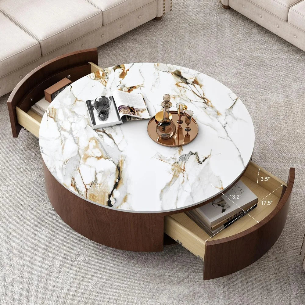 35.4” Mid-Century Modern Round Coffee Table – Marble Top with Drawers, Solid Walnut Wood