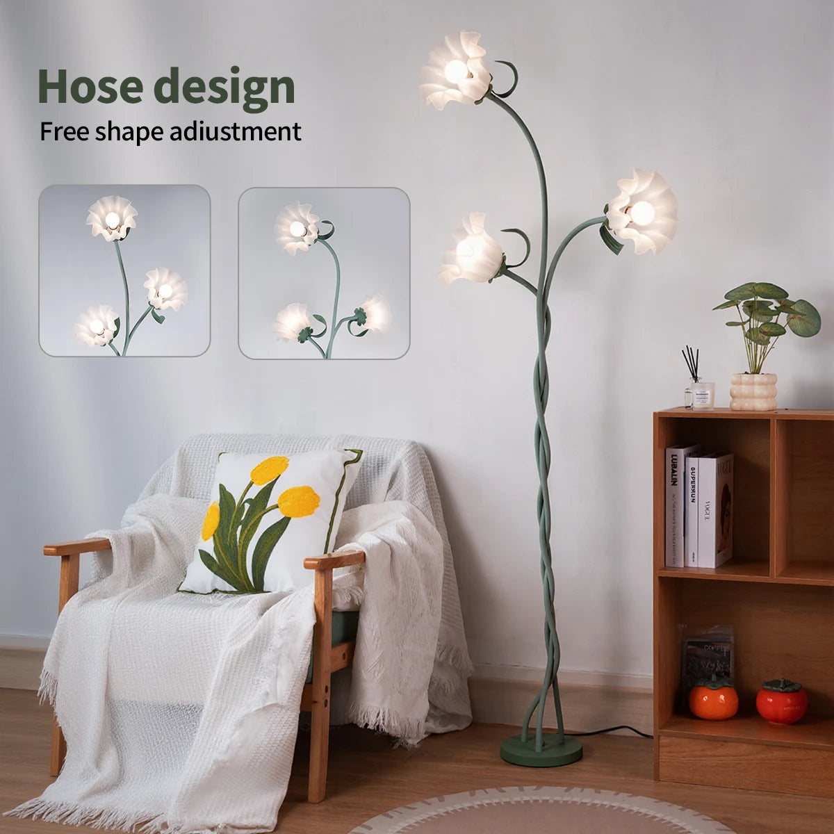 Retro 3-Head Flower Floor Lamp, Contains Bulb, 3-Color Dimmable, with Flexible Neck Shaft That Can Be Adjusted at Will, Suitable for Living Room, Bedroom, Study Room Decoration.