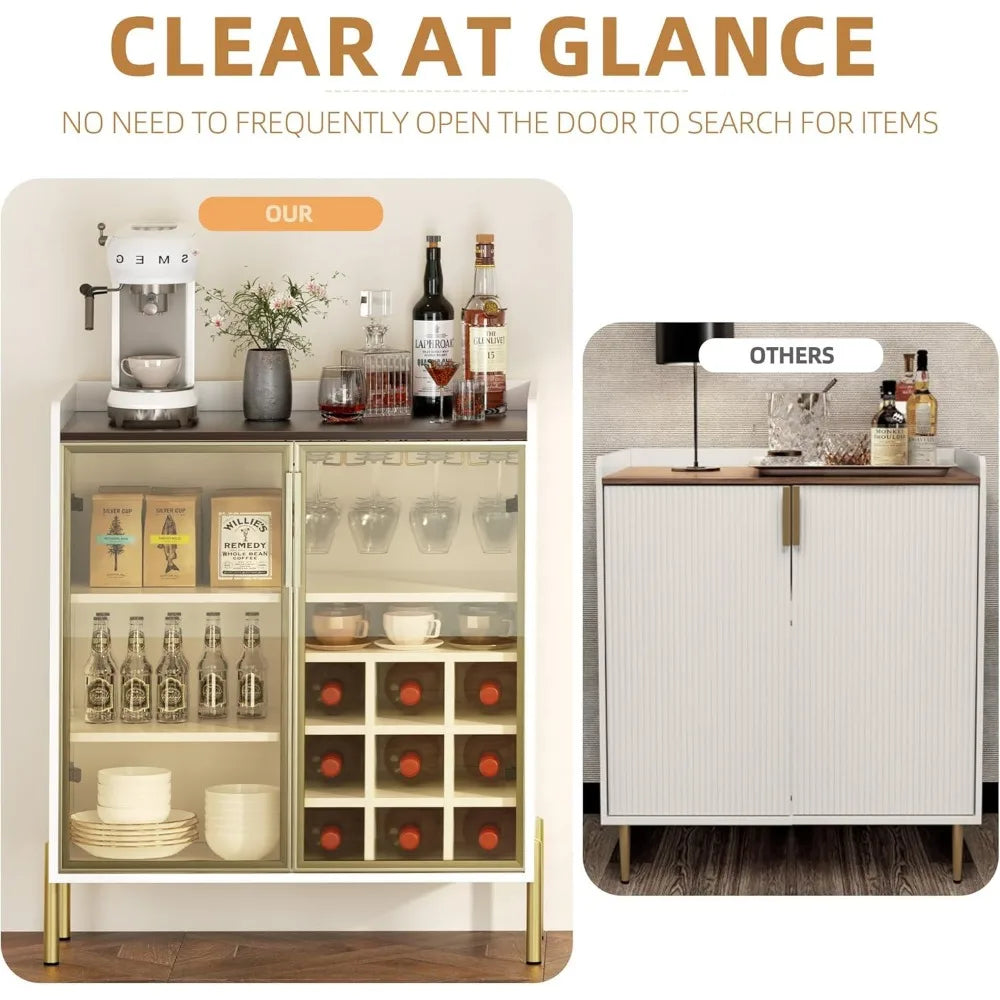 Modern White Coffee Bar Cabinet – Aluminum Frame Glass Door Wine & Liquor Sideboard