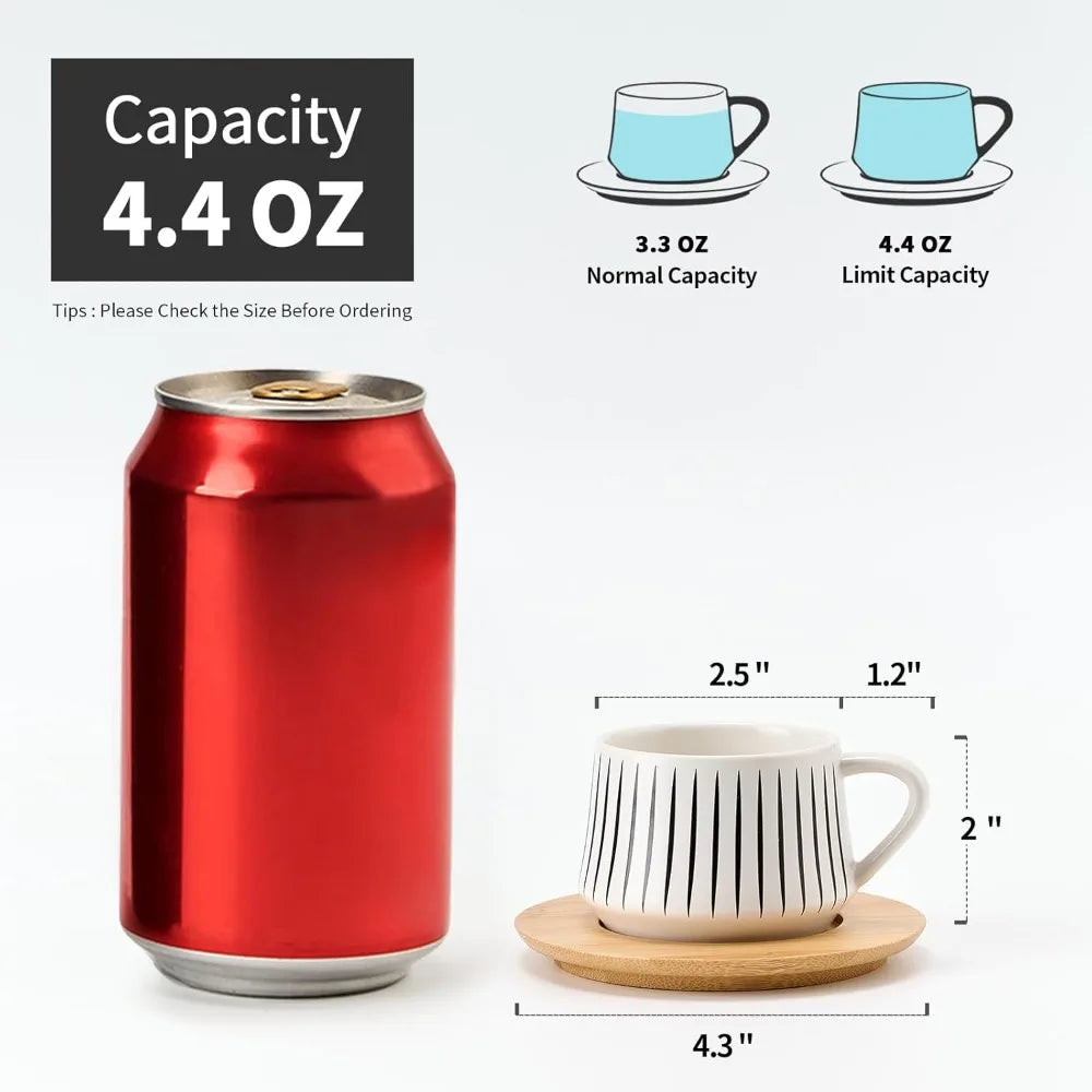 Ceramic Espresso Cup Set with Saucers and Metal Holder, 6-Piece White Porcelain Demitasse for Coffee and Tea