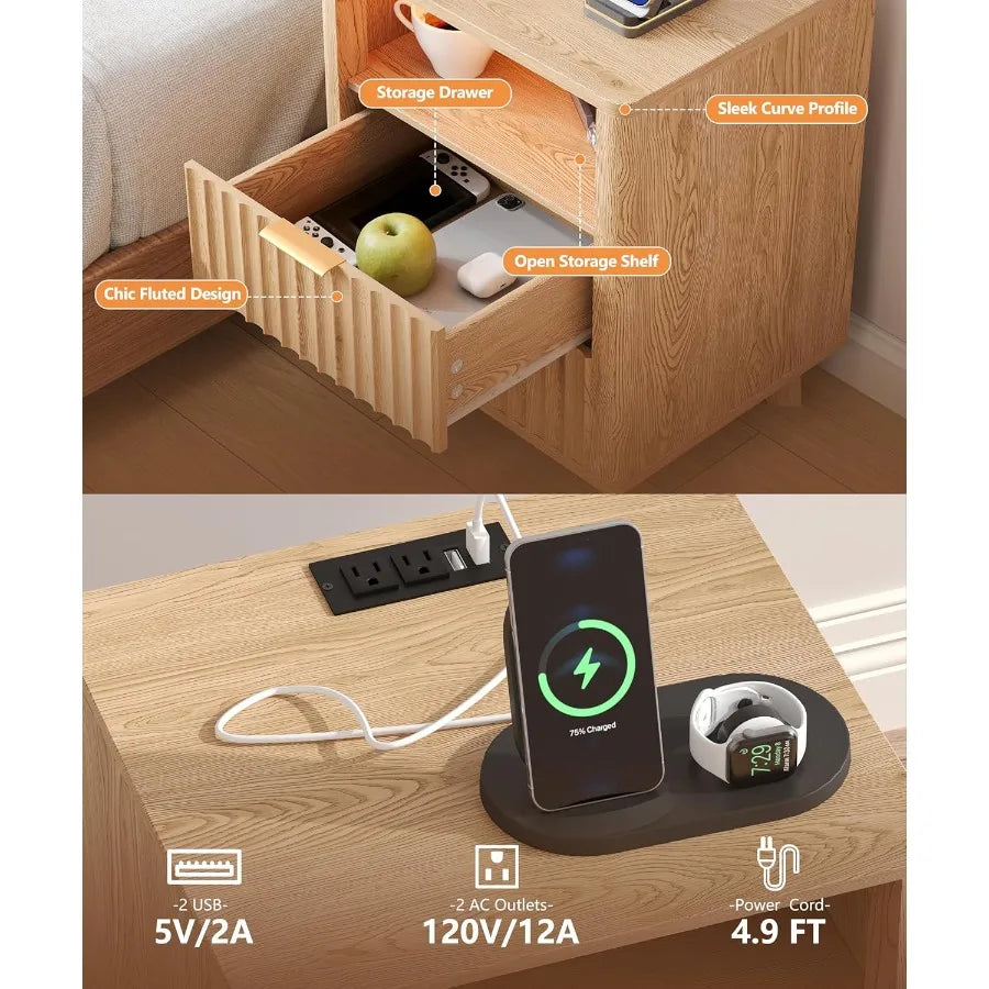 Fluted Nightstand with Charging Station 13.8" D x 15" W x 22.8" H Modern End Table with LED Light Wooden Bedside Table for Bedr