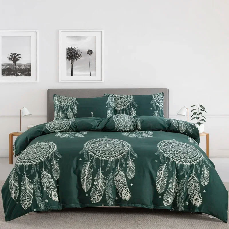 Grey Feather Duvet Cover Set – Full / Queen Reversible Boho Bird Plume Bedding Set