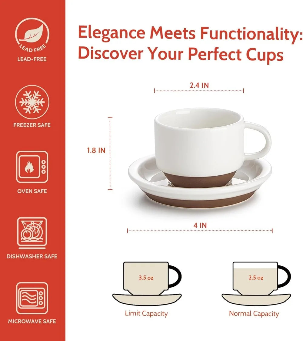 Set of 4 Porcelain Stackable Espresso Cups with Saucers and Metal Stand, Multicolor, 2.5 Ounce