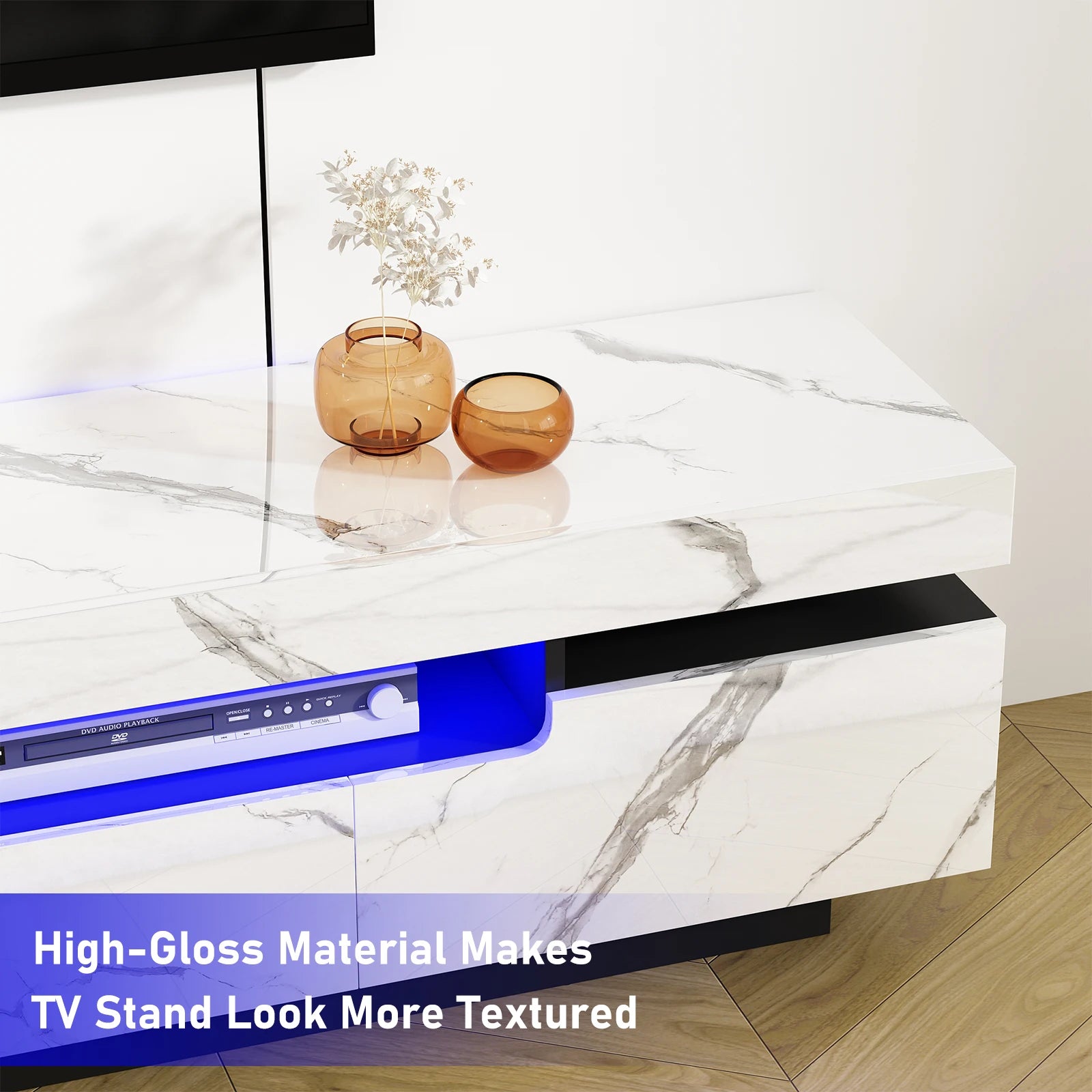 71In LED TV Stand for 75/80 Inch TV, Modern Gaming TV Cabinet for Living Room, High Gloss Entertainment Center with Storage