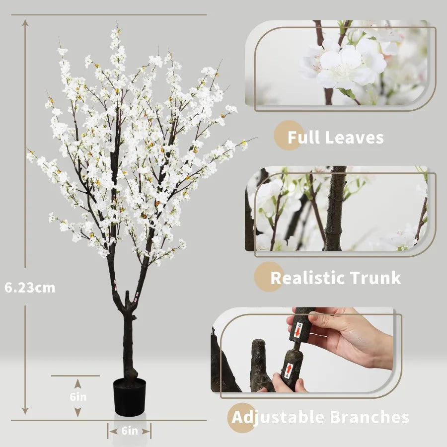 6ft 74in Tall Faux White Cherry Blossom Tree with Realistic Silk Flowers in Pot for Indoor and Outdoor Home Decor Perfect for W