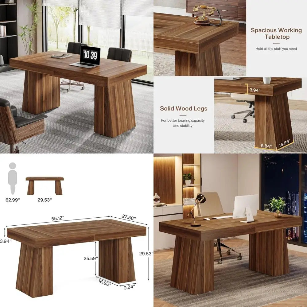 55 Mid-Century Modern Executive Office Desk with Double Trapezoid Base and Wood Construction