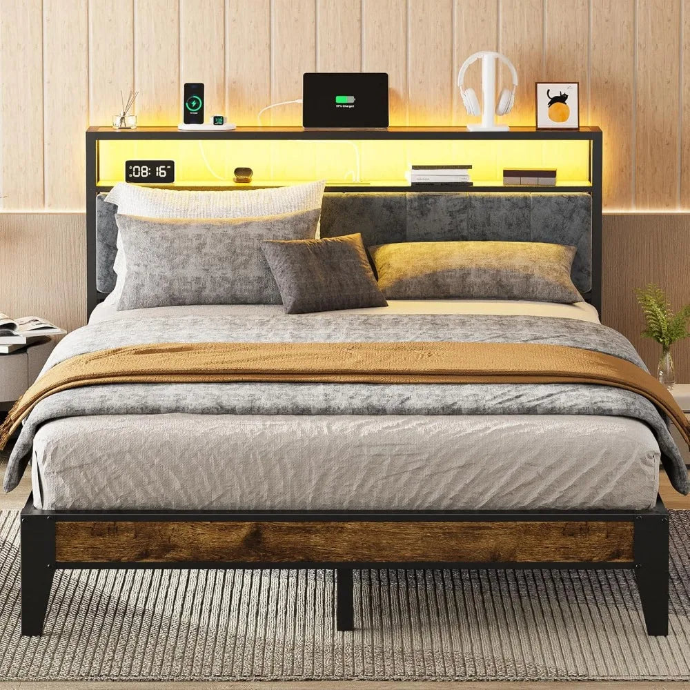 Metal Queen Bed Frame with LED Headboard – 2-Tier Storage & Type-C Charging Station