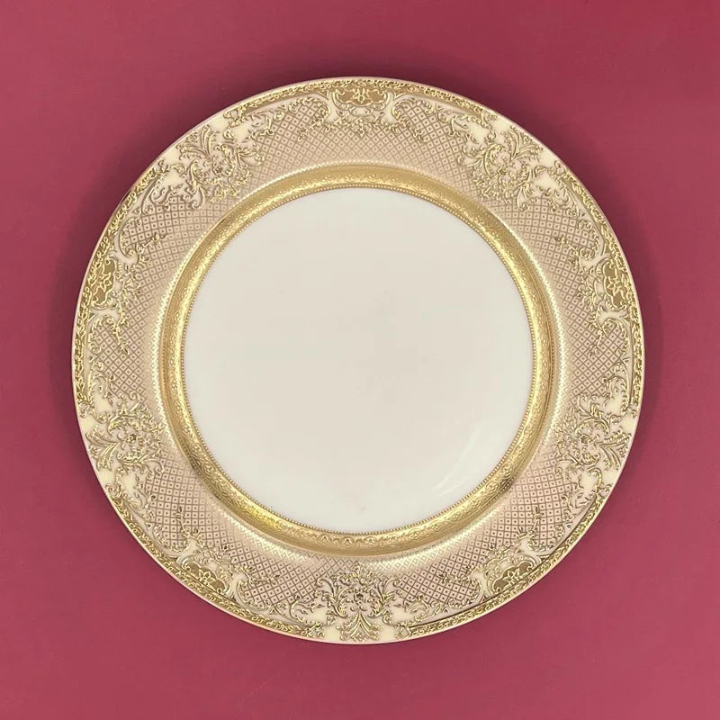 7″ Embossed Disc Bone Plate with Gold Edge – Light Luxury Dinner & Dessert Plate