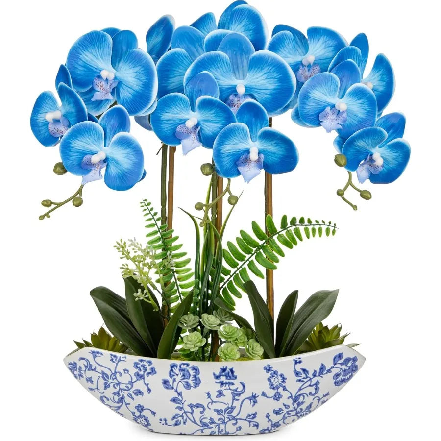 18inch Blue Orchid Artificial Flowers with Blue and White Ceramic Pot Faux Silk Orchid Arrangement for Home Office Room Dining