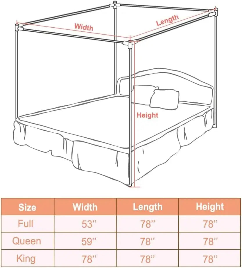 Queen Size Stainless Steel Canopy Bed Frame with Thick Brackets & Mosquito Curtains
