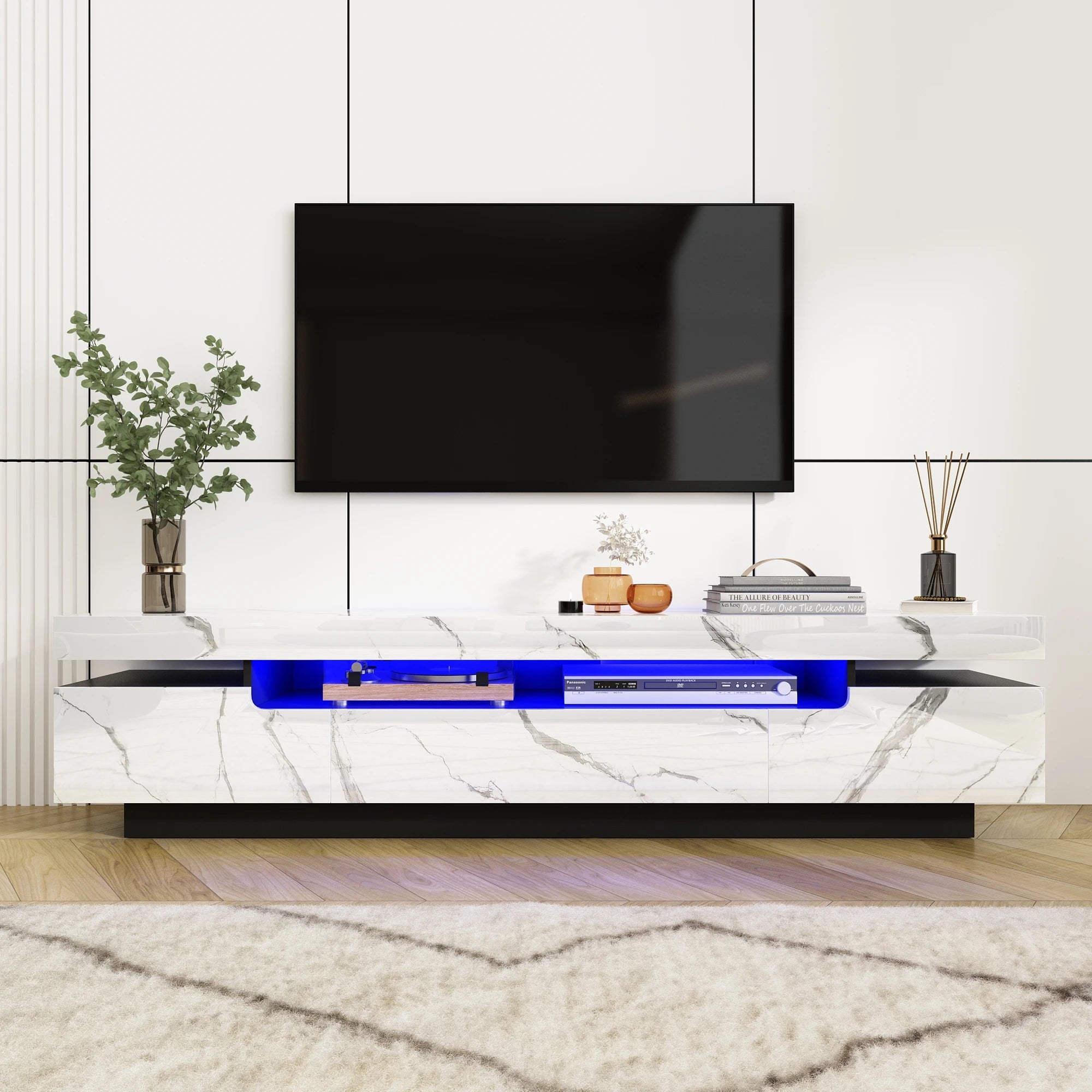 71In LED TV Stand for 75/80 Inch TV, Modern Gaming TV Cabinet for Living Room, High Gloss Entertainment Center with Storage