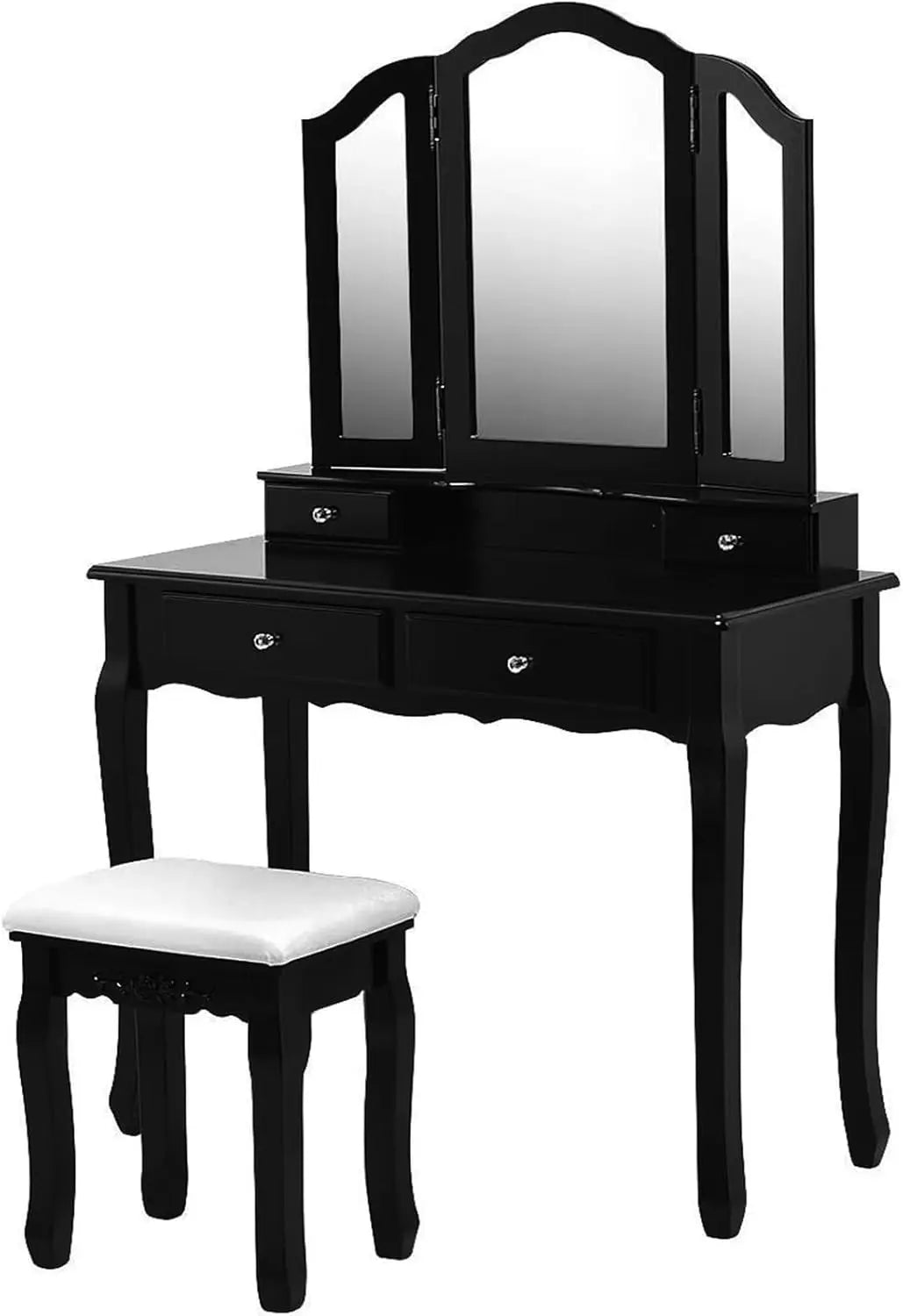 Vanity Set with Tri-Folding Mirror, 4 Drawers, Cushioned Stool - Modern Makeup Table for Girls & Women (Black)