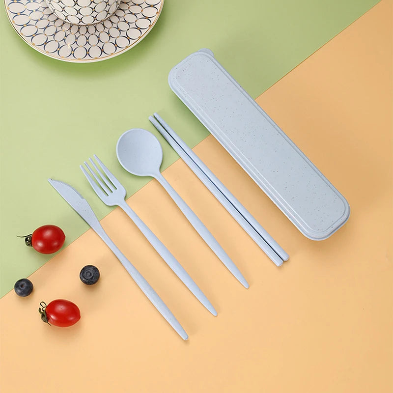 4Pcs Travel Cutlery Sets Portable Tableware Set With Box Chopsticks Fork Spoon Knife Wheat Straw Dinnerware Picnic Cutlery