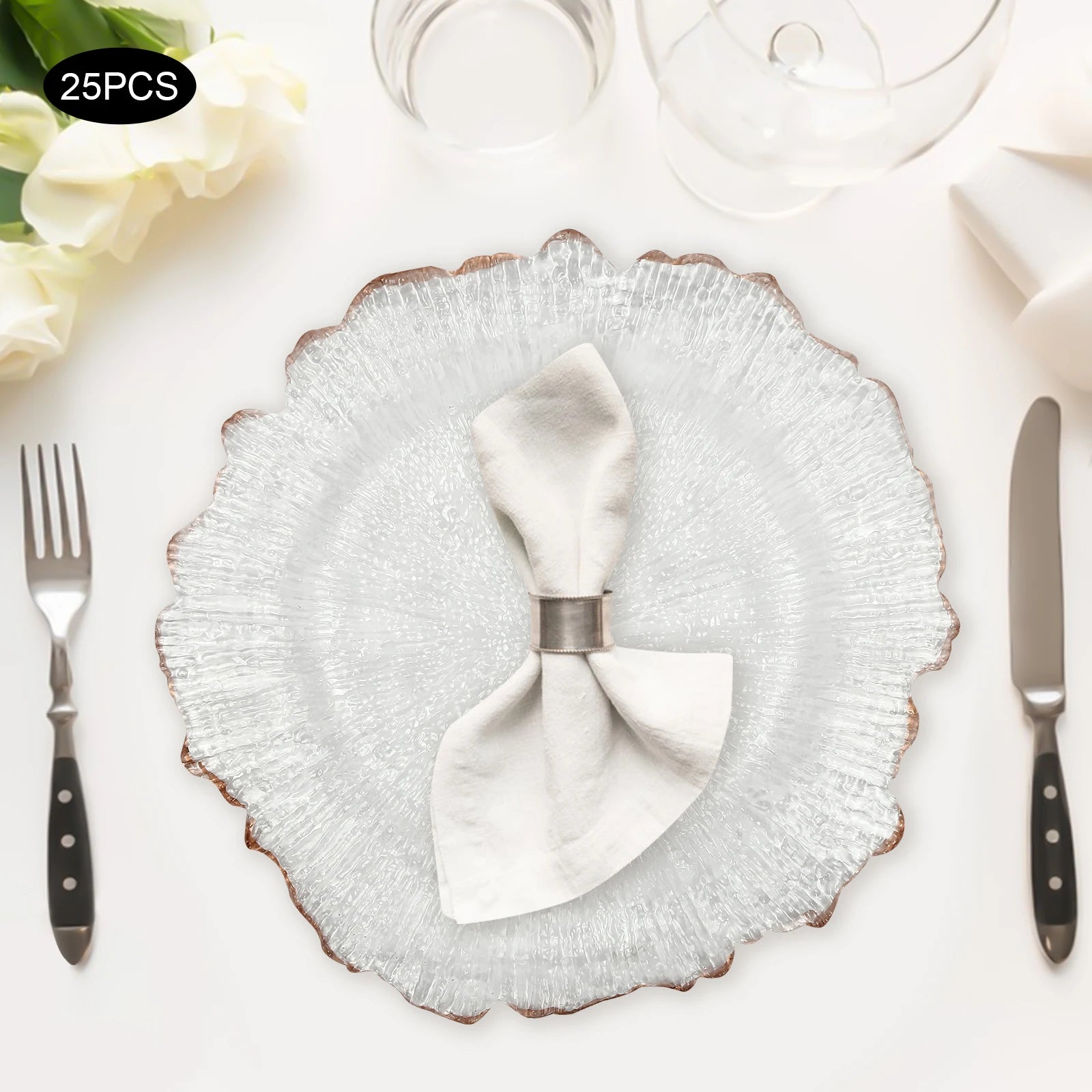 25PCS Rose Gold Charger Plates – Clear 32cm Decorative Table Chargers