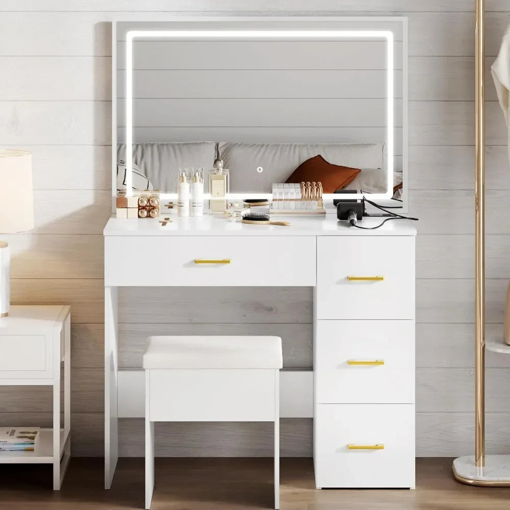 Modern White Makeup Vanity Set with LED Mirror Charging Station 4 Drawers Storage Stool 3-Foot Bedroom Desk