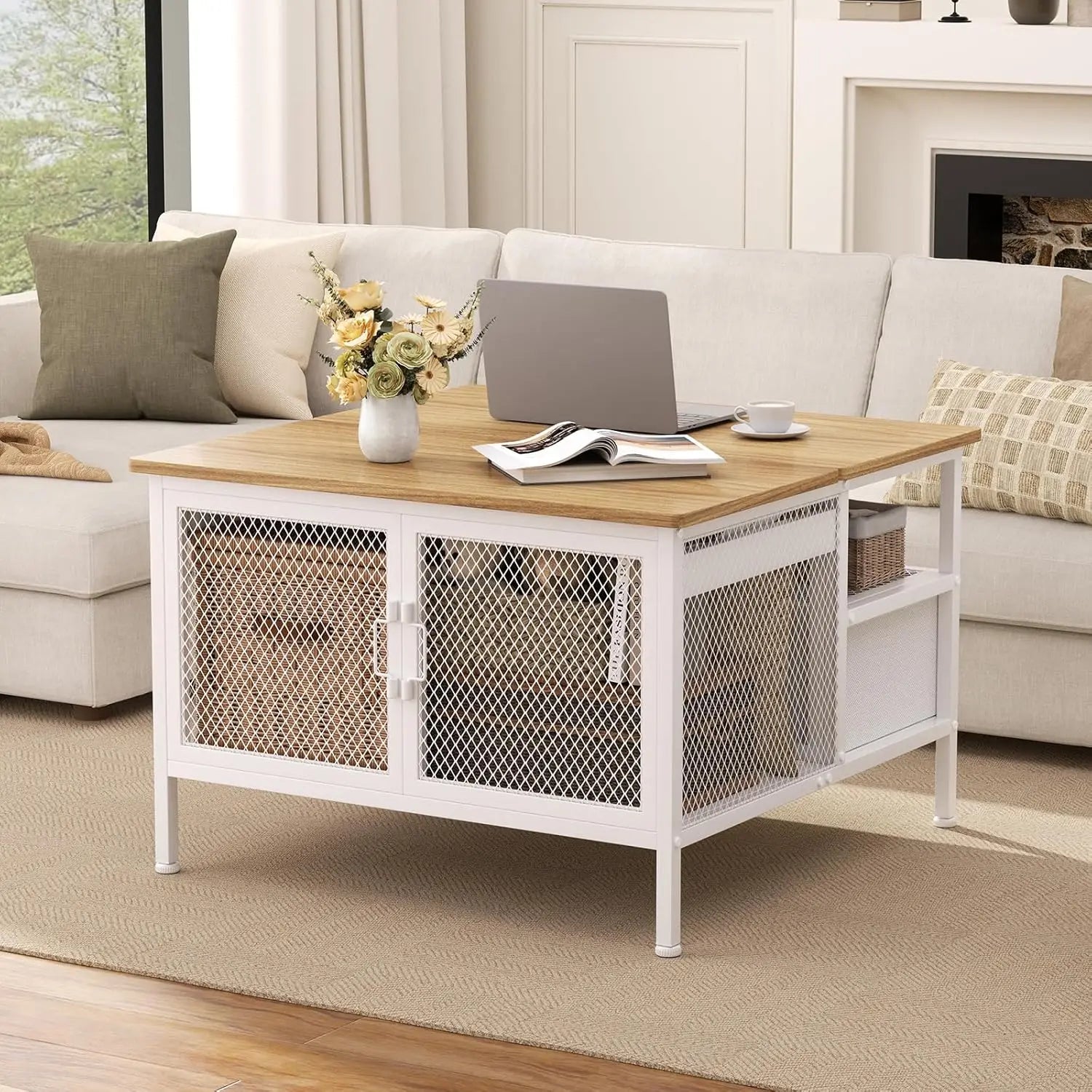 Farmhouse Lift-Top Coffee Table – Square Wood & Metal Table with Barn Door Storage
