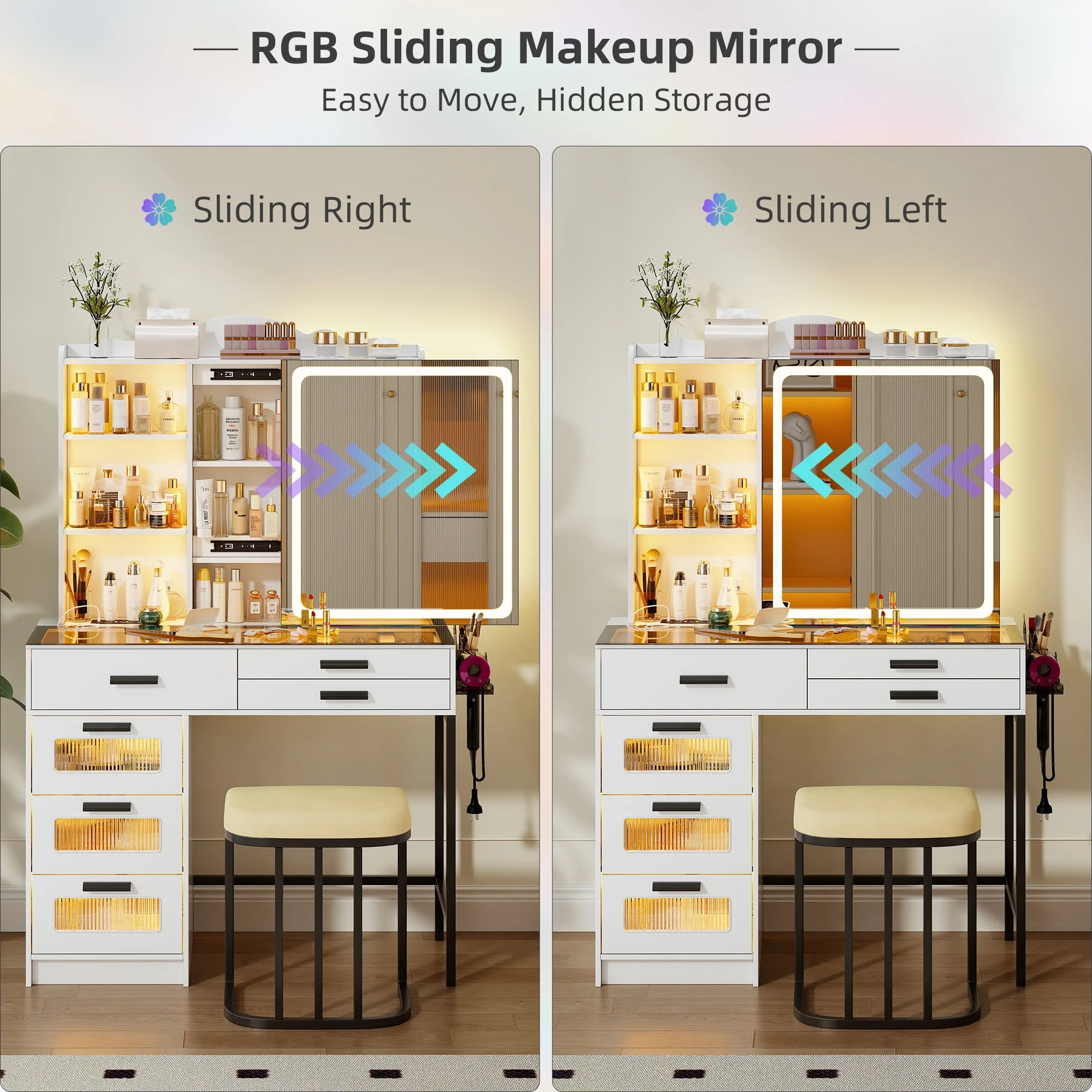 JDPAG RGB Vanity Desk with Sliding Mirror and Lights, LED Makeup Vanity with Charging Station, Glass Top Vanitys Dressing Table