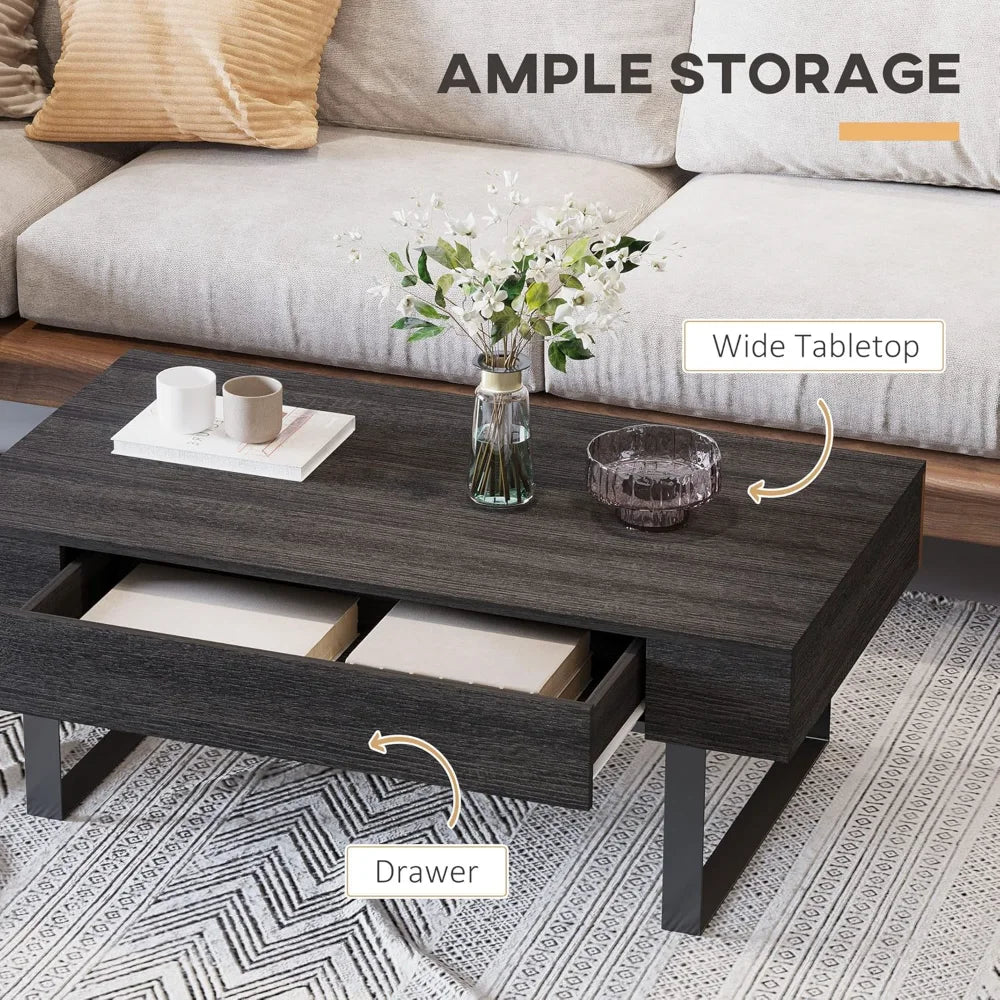 Dark Grey Mid-Century Modern Coffee Table – Wood Grain Table with Storage Drawer