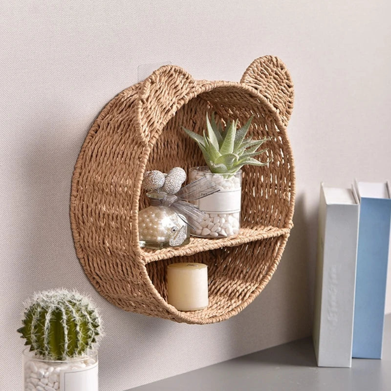 Bear Ear Wall Mounting Shelf Rattan Wall Shelves Small Plant Display Storage Rack Woven Hanging Storage Basket