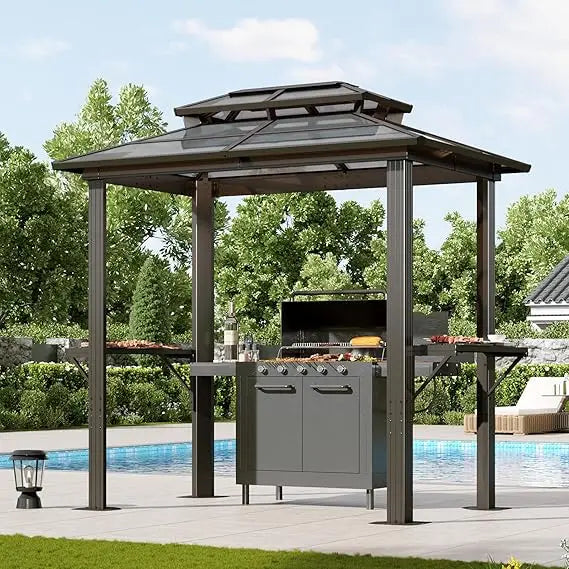 Grill Gazebo 8 x 5FT, Aluminum BBQ Gazebo with Double Polycarbonate Top, Grill Canopy Hardtop with Shelves for Lawn, Patio, Gar