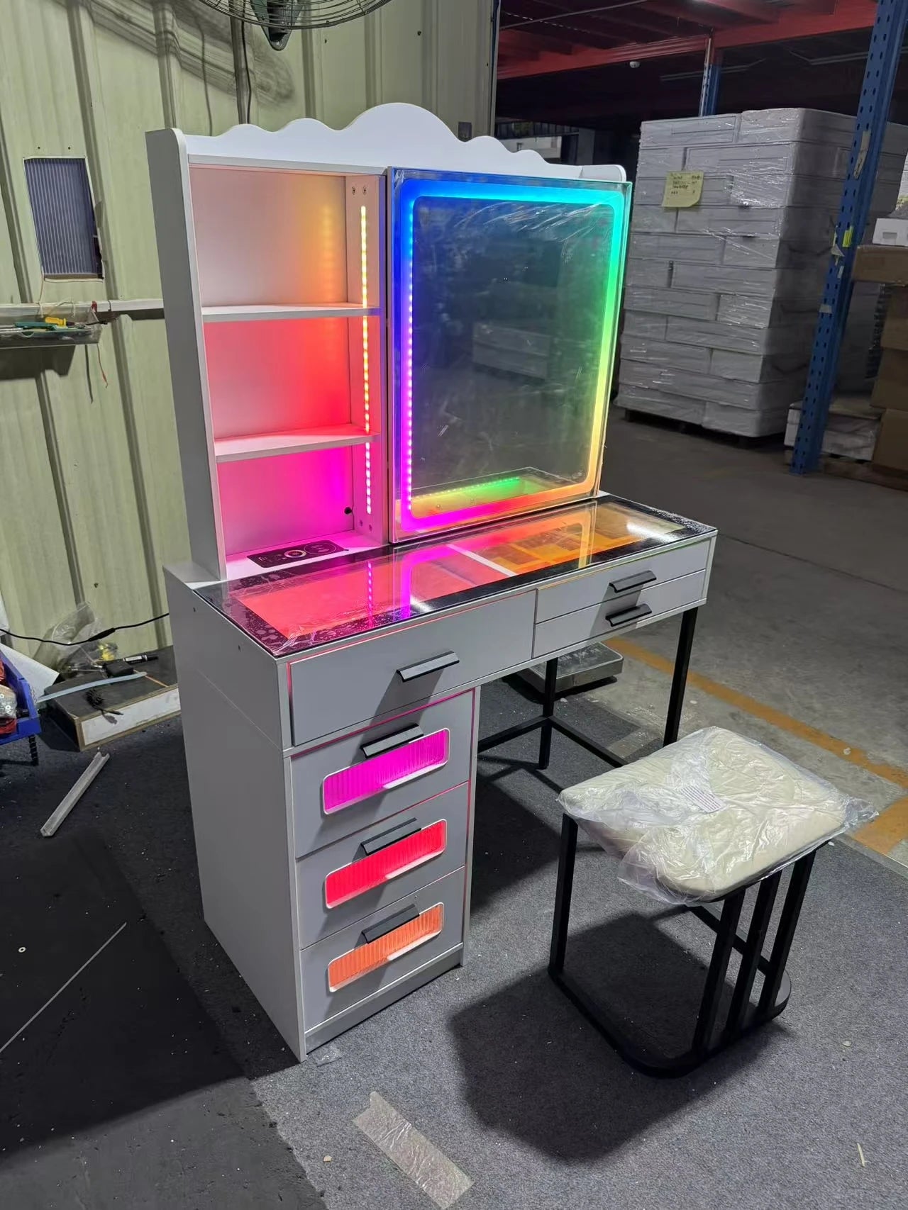 JDPAG RGB Vanity Desk with Sliding Mirror and Lights, LED Makeup Vanity with Charging Station, Glass Top Vanitys Dressing Table