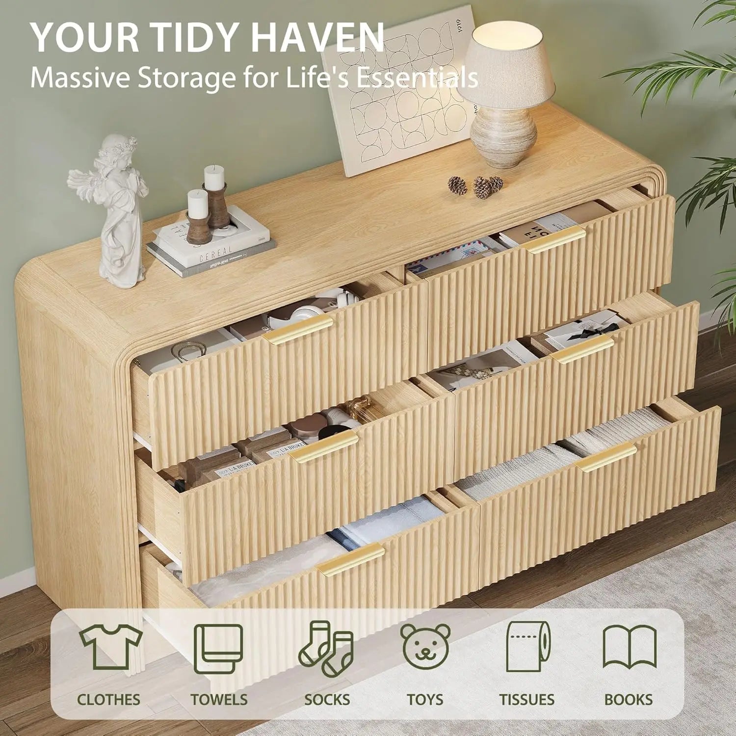 Fluted 6 Drawers Dresser for Bedroom,55'' Wide Wood Dressers with Gold Handles, Modern Dressers Wave Texture,Large Storage Chest