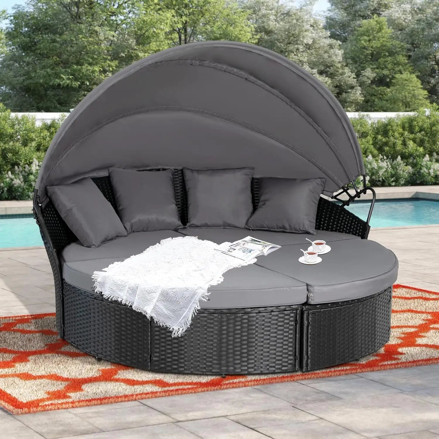 Outdoor Patio Round Daybed with Retractable Canopy, Wicker Furniture Clamshell Sectional Seating with Washable Cushions