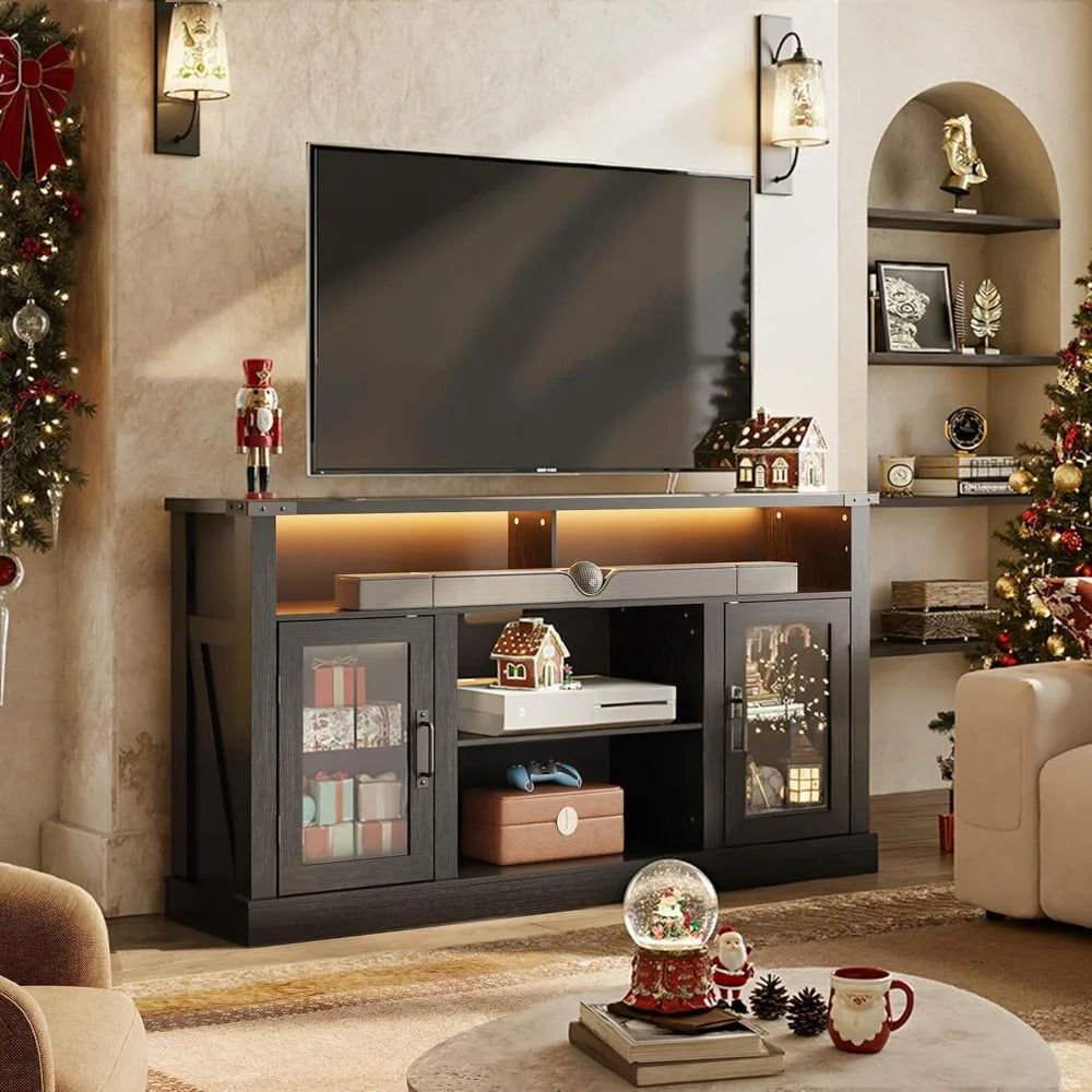 Farmhouse TV Stand for 65 Inch TV, Tall Entertainment Center with LED Lights & Storage Cabinets,