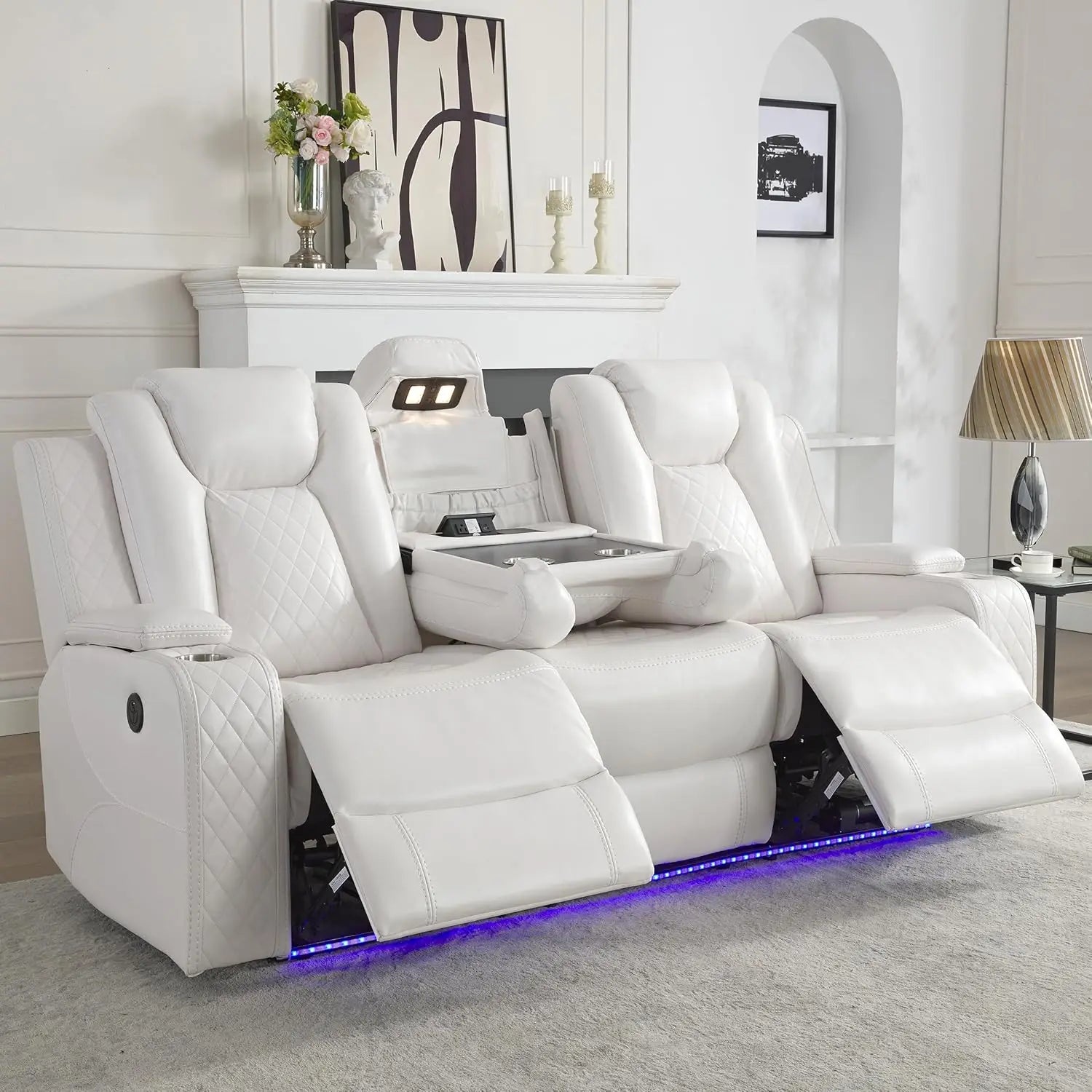 Power Reclining Sofa 0 Gravity w/ Wireless Charger,LED Floor Lights,Reading Light, Drop-down Table USB/Type-C Port(070)
