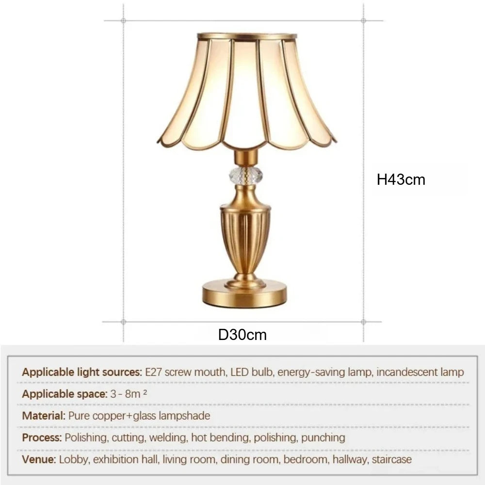 American Modern Brass Gold Desk Lamp LED Creative Retro Luxury Bedroom Bedside Glass Lamp Pure Copper Home Decoration Desk Lamp